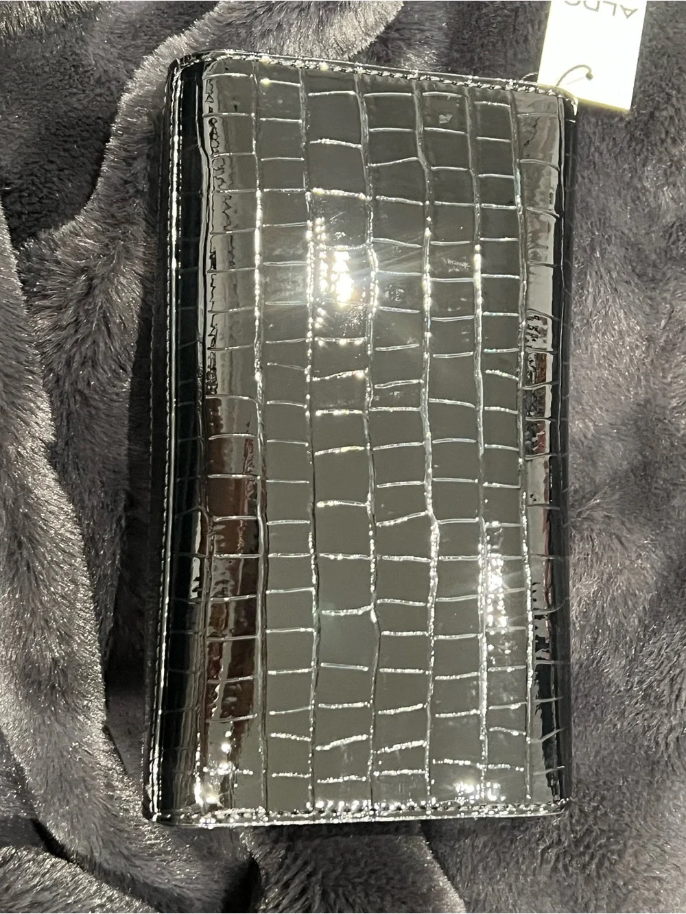 Aldo Black Croc-Embossed Patent Clutch Wallet with Gold Accent